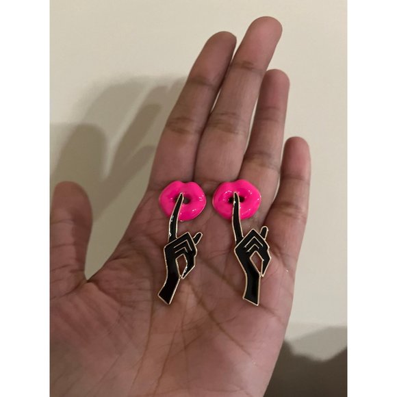 Hot pink stud earrings big statement large hot pink black stud neon chunky lips - Picture 2 of 6